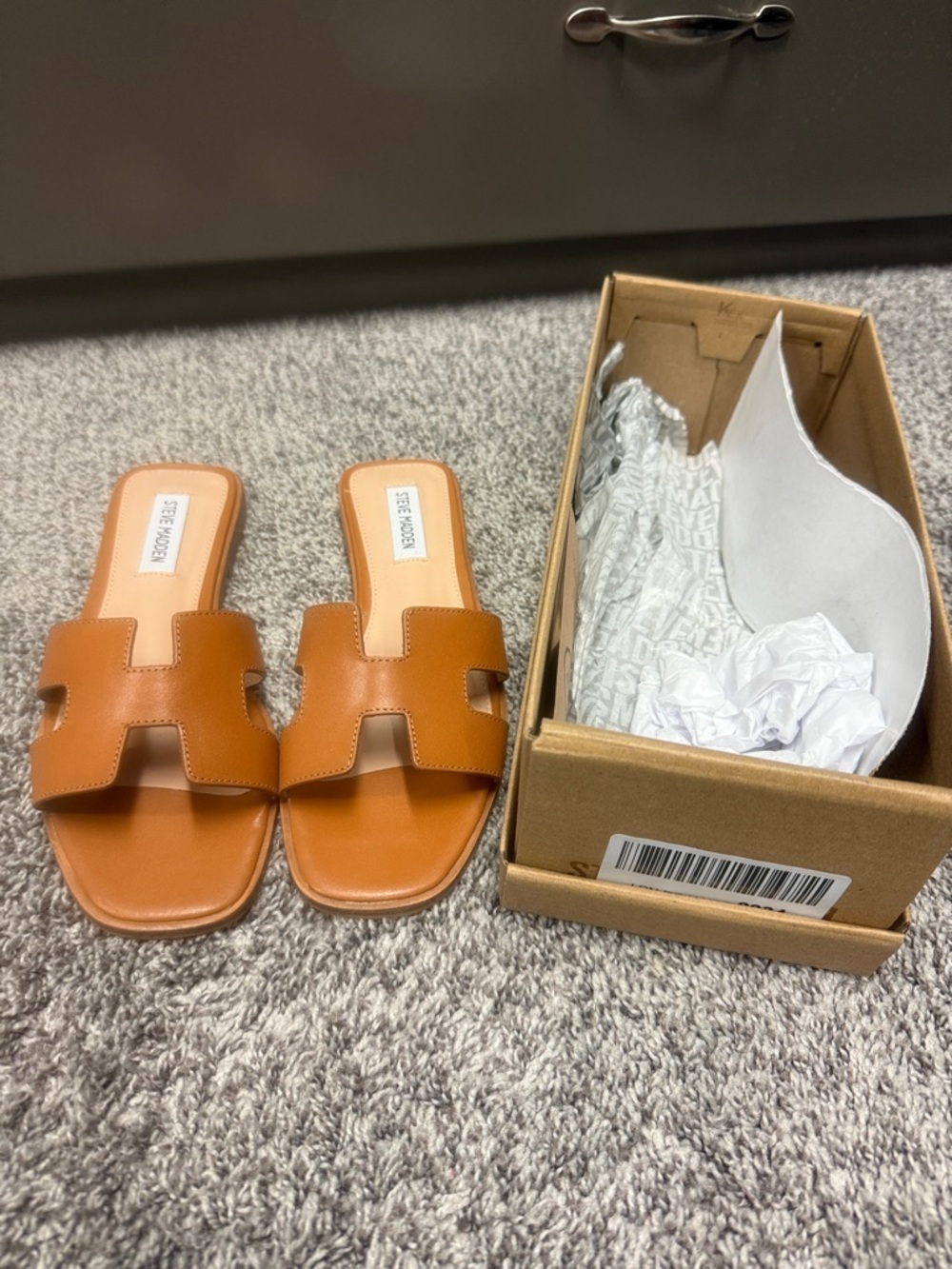 Steve Madden Tan Leather H‑Strap Slide Mules